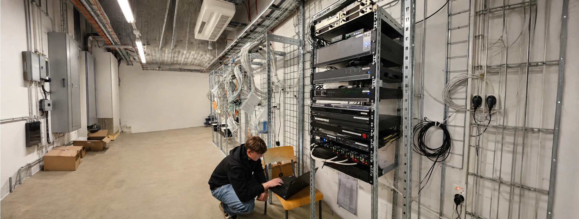 Tekniker som driftsätter mottagare och annan AV-utrustning i ett rack