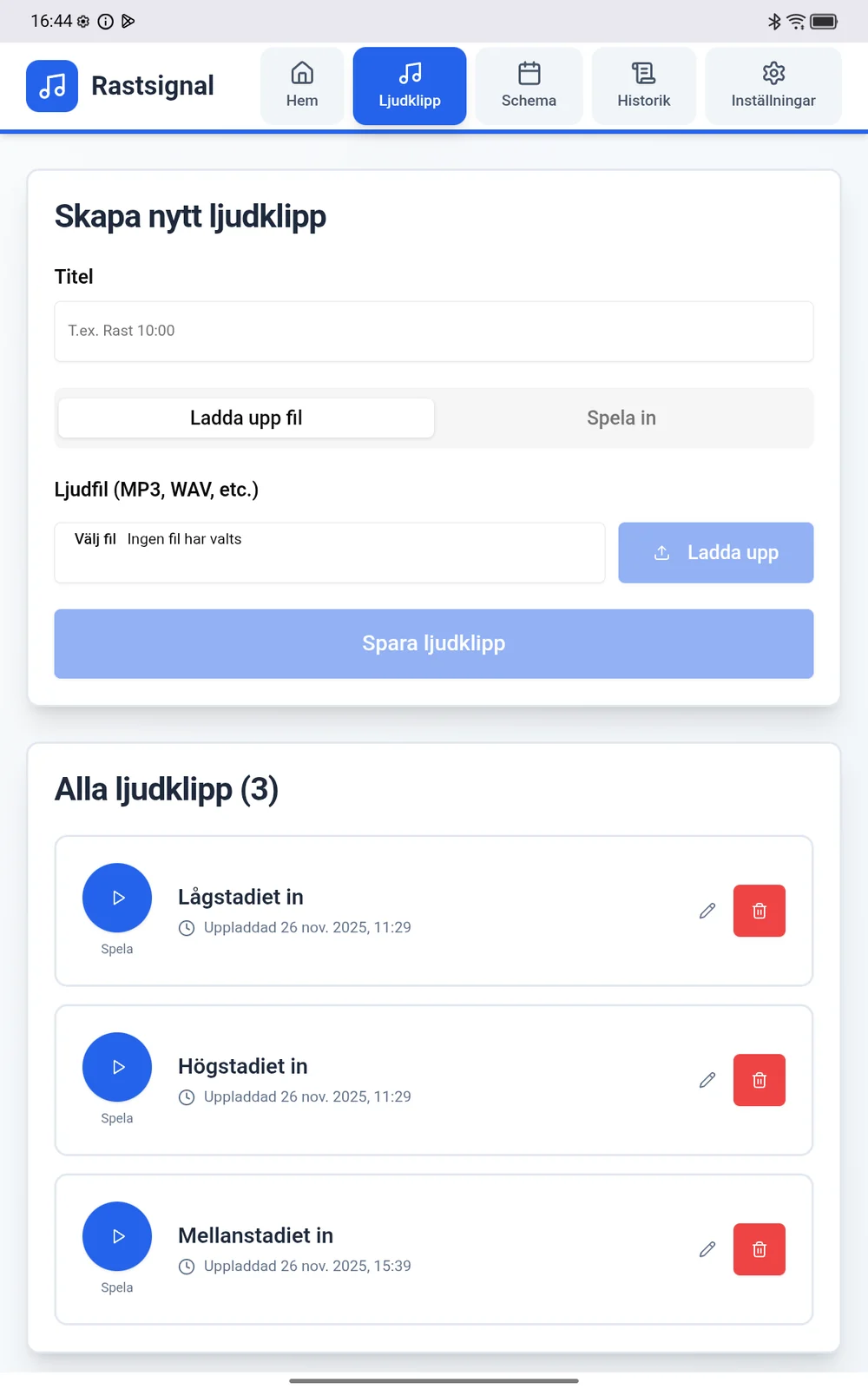 SchoolBell ljudklippsbibliotek med separata signaler för olika elevgrupper