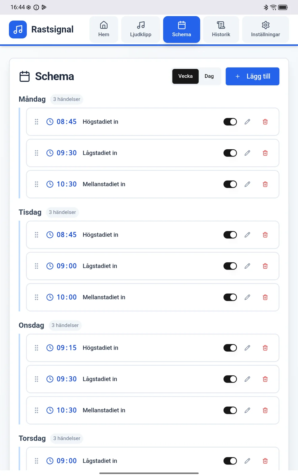 SchoolBell schema med olika rastsignaler för lågstadiet, mellanstadiet och högstadiet