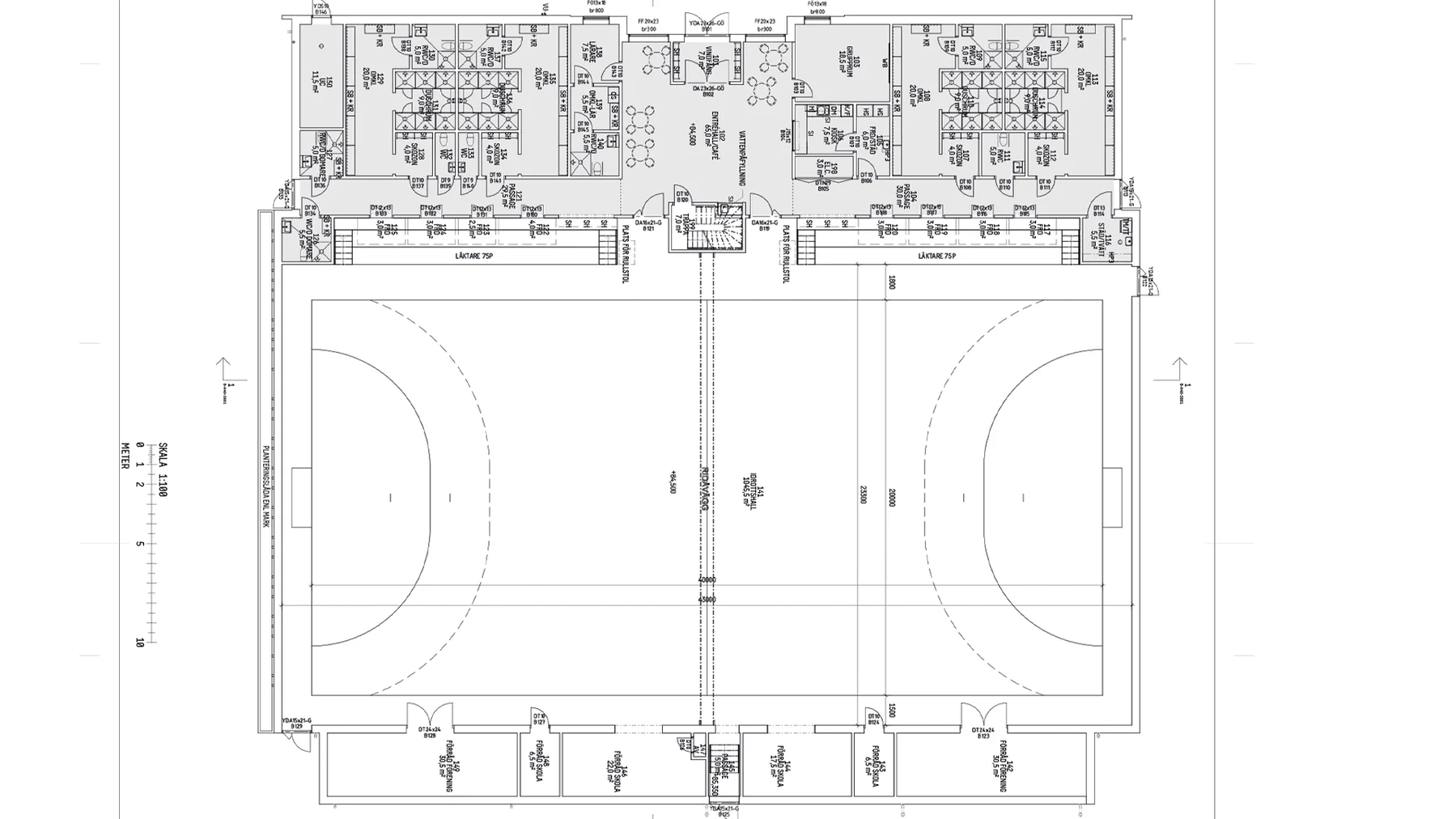Planritning över Stockfallets fullstora sporthall i Karlstad med delbar hall och läktare